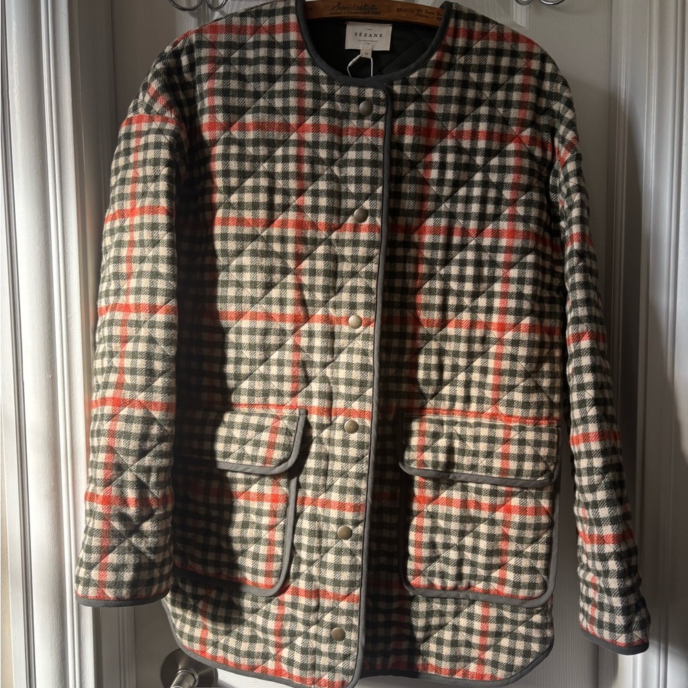 Sezane Plaid Quilted Jacket - Olive, Rust Orange, Cream